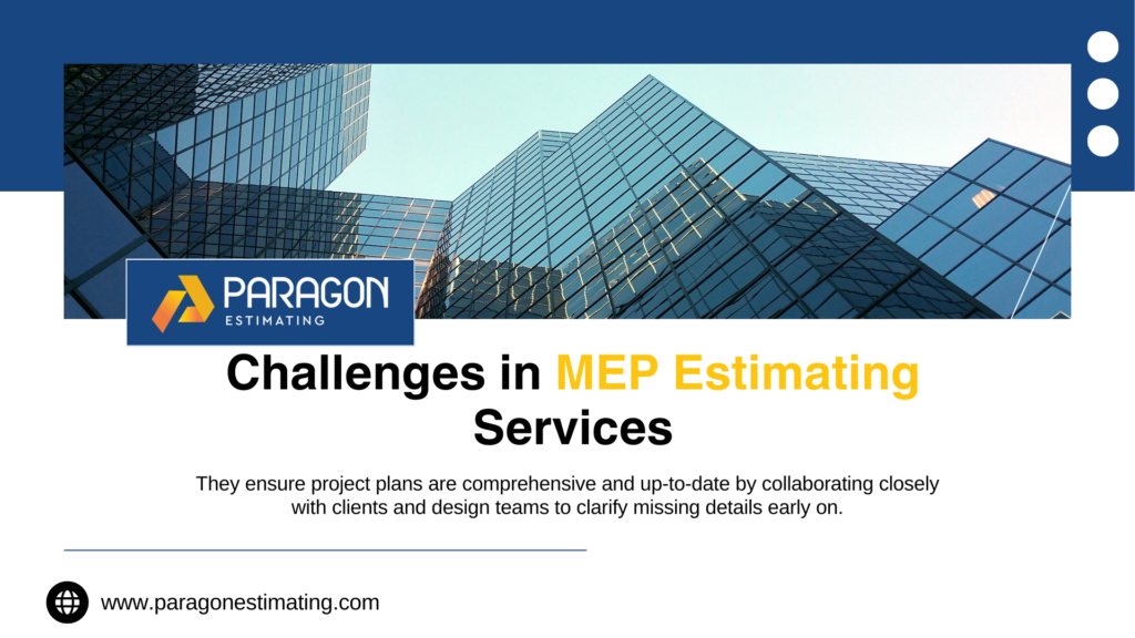 Illustration depicting challenges in MEP Estimating Services, including precise cost estimation, managing design complexities, material procurement, labor allocation, and ensuring system compatibility.