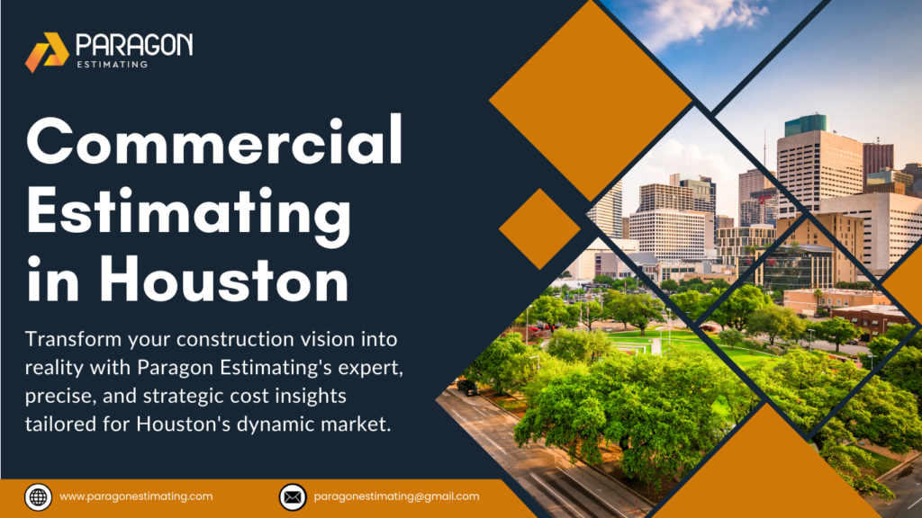 An experienced Commercial Estimating in Houston analyzing project plans, with a city skyline visible in the background