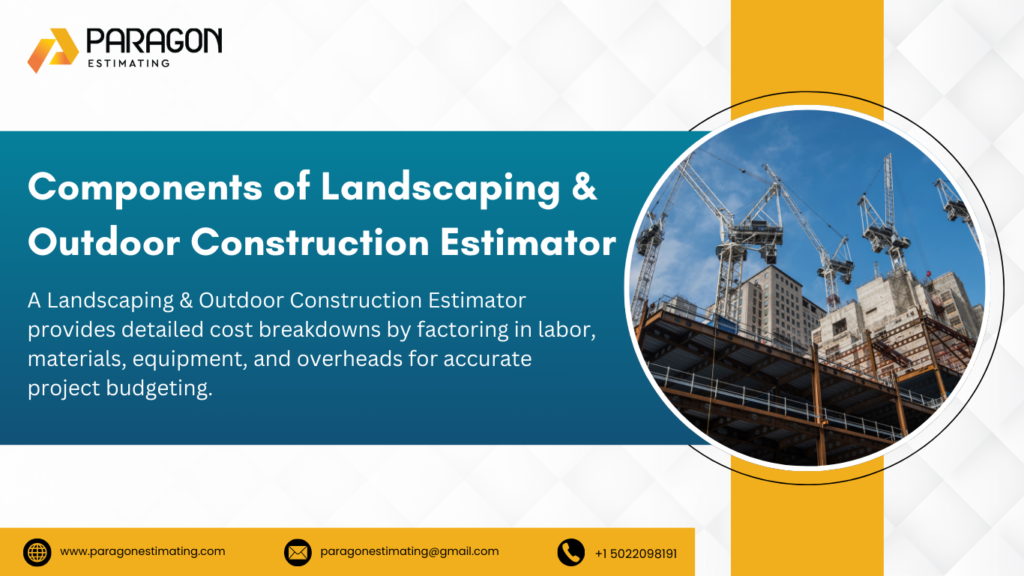 Graphic showcasing the key components of a Landscaping & Outdoor Construction Estimator Calculator, including material costs, labor estimation, project timelines, and budget forecasting for outdoor projects.