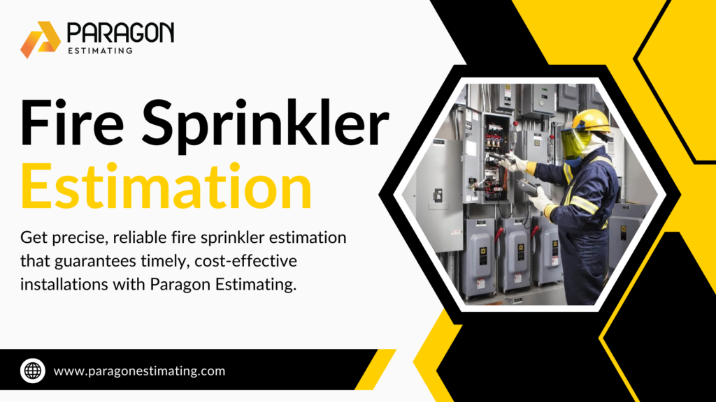 Illustration of Fire Sprinkler Estimation, showing the process of calculating material costs, system layout, and labor for designing and installing fire sprinkler systems in commercial and residential buildings.