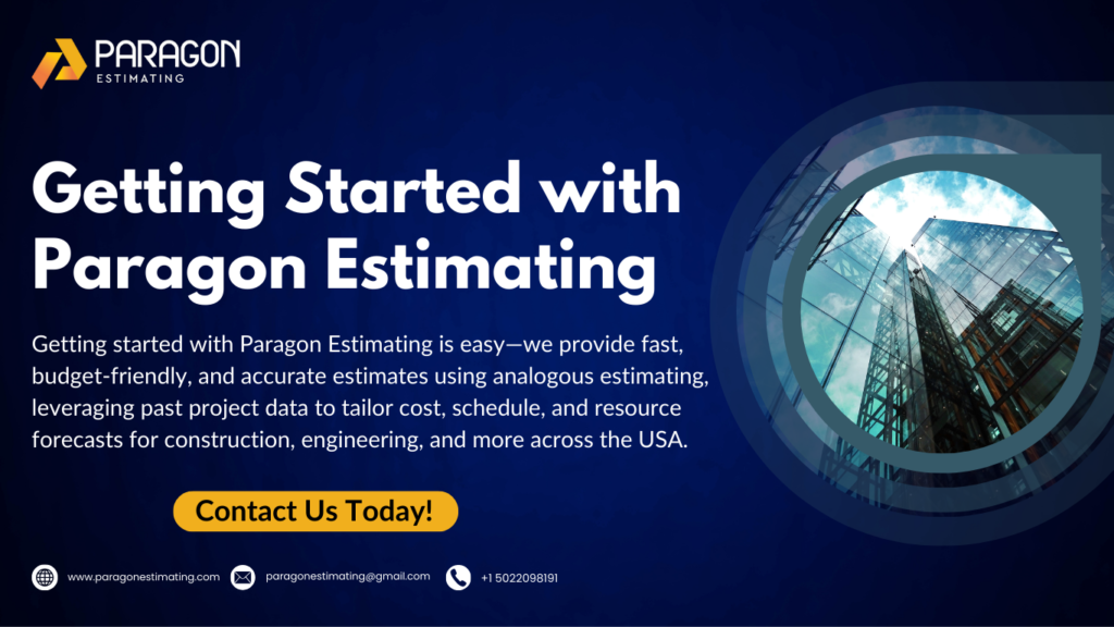 
"Illustration showcasing the process of getting started with Paragon Estimating, highlighting expert Analogus estimating, project planning, and tailored solutions for construction and other industries in the USA.