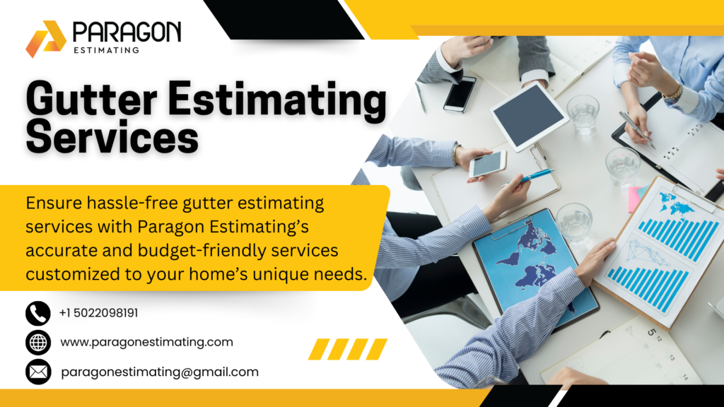 Detailed illustration of a gutter estimating process, featuring a contractor using a tape measure on a house roof, accompanied by a clipboard and cost calculations to ensure precise measurements.