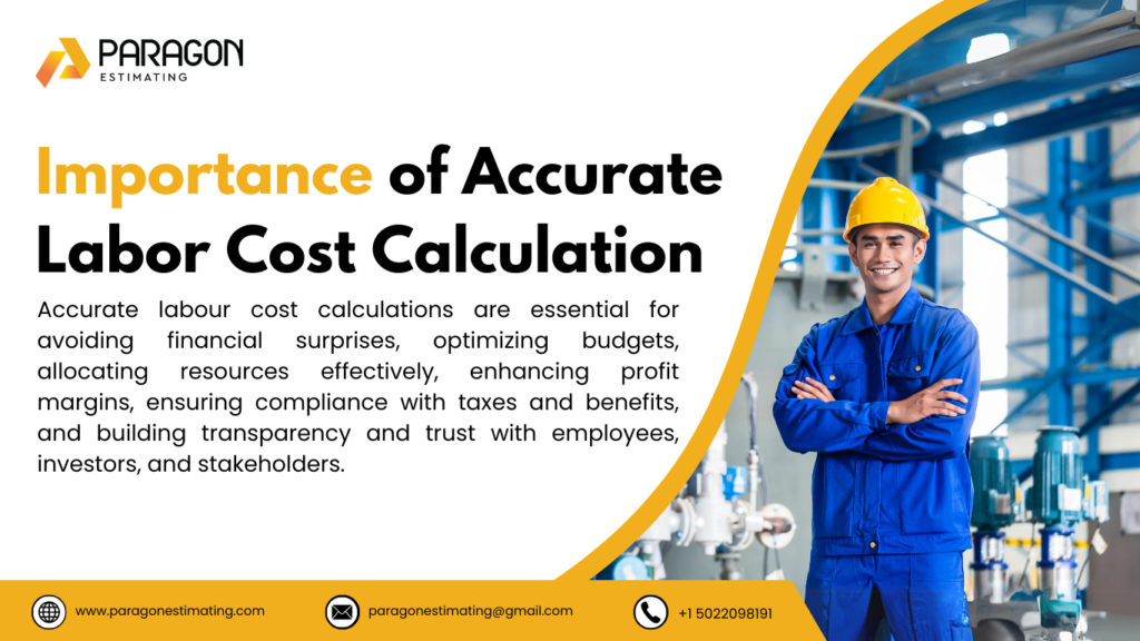 Graphic highlighting the importance of a Labor Cost Estimator Calculator, showcasing benefits like accurate cost projection, time efficiency, budget management, and improved decision-making.
