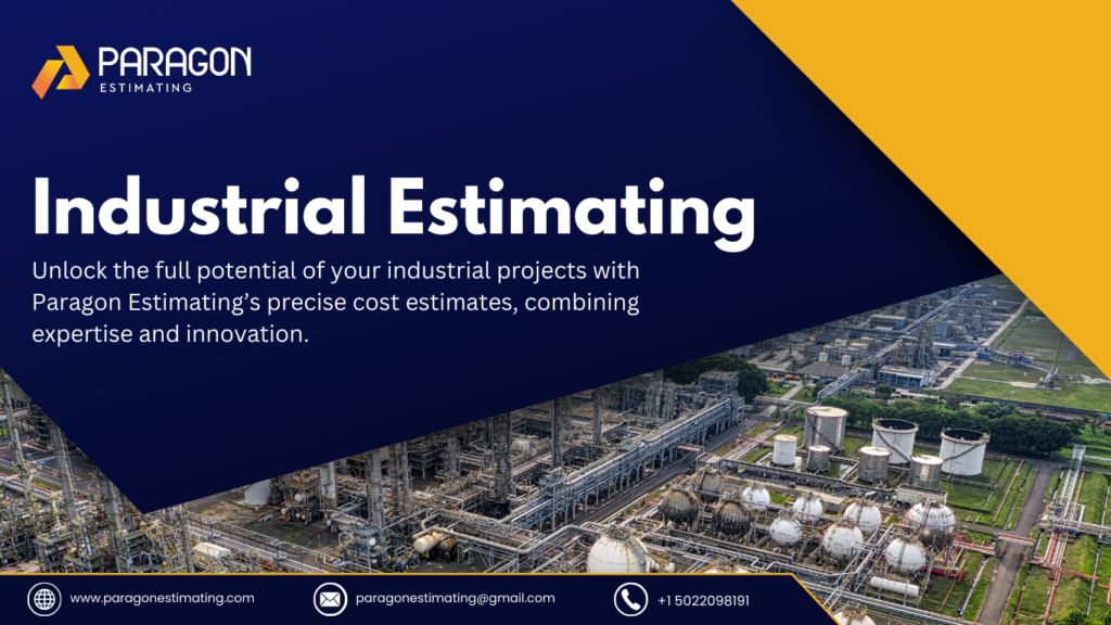 Illustration of Industrial Estimating, featuring detailed project plans, cost analysis charts, material calculations, and equipment requirements for large-scale industrial projects.