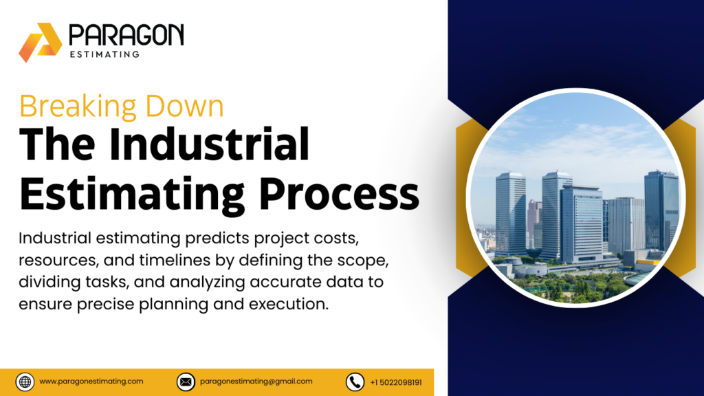 Visual representation of the Industrial Estimating process, showcasing steps like project assessment, material takeoff, cost analysis, labor estimation, and final budget preparation.