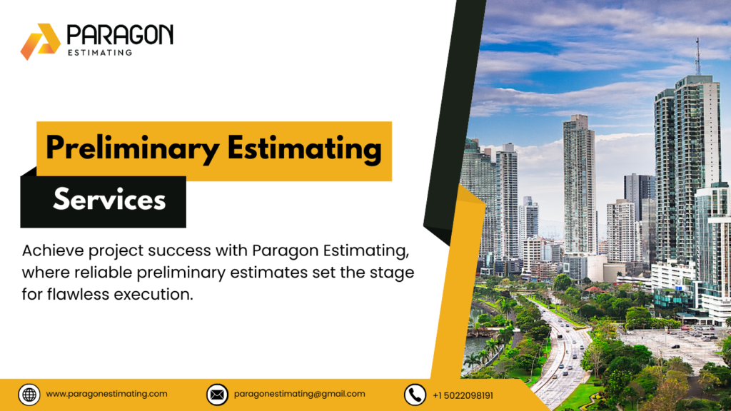 Graphic showcasing Preliminary Estimating Services, featuring steps like cost analysis, scope assessment, material takeoff, budget planning, and timeline estimation for initial project phases.