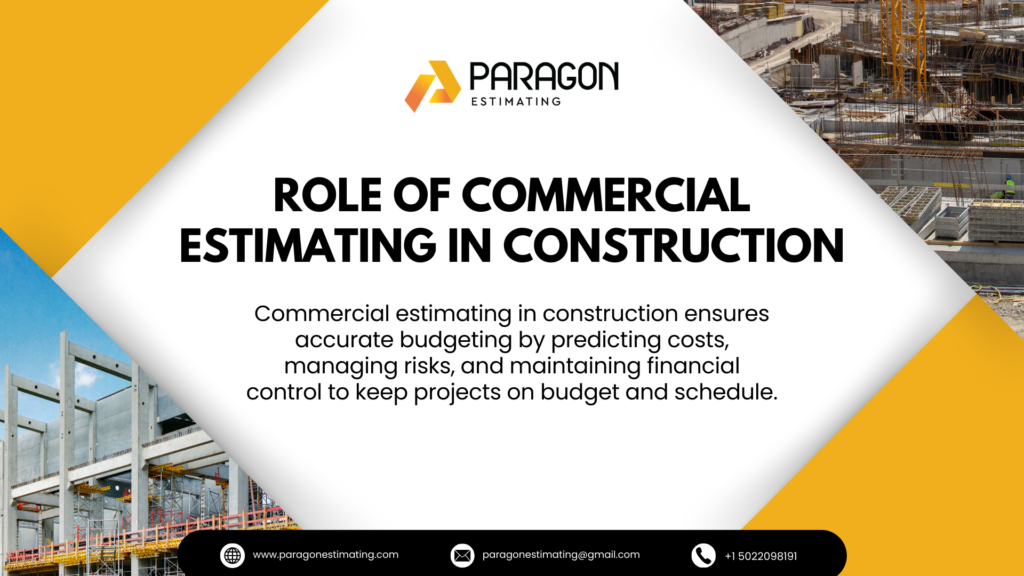 "Graphic showcasing the role of Commercial Estimating in construction, emphasizing accurate budgeting, material quantification, labor cost analysis, and efficient project planning for successful project delivery."