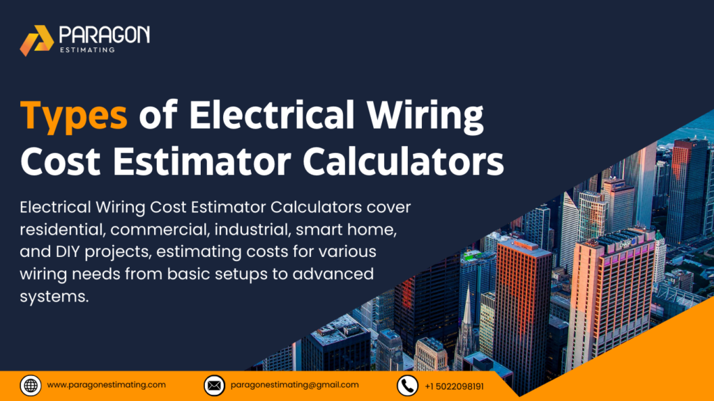 "Graphic showcasing different types of Electrical Wiring Cost Estimator Calculators, including residential, commercial, industrial, smart home, and DIY estimators, each tailored to specific wiring project needs for accurate cost assessments."