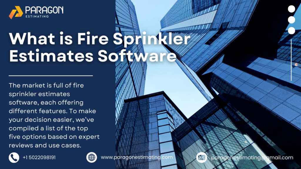 Illustration explaining Fire Sprinkler Estimates Software, featuring tools for calculating material costs, system design, labor estimation, and ensuring accurate fire sprinkler system budgeting for construction projects.