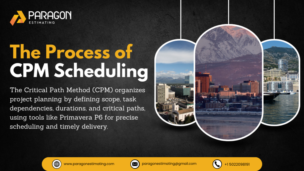 "Process of CPM Scheduling  outlining the steps involved in creating a CPM scheduling, including task identification, dependencies, and timeline management."