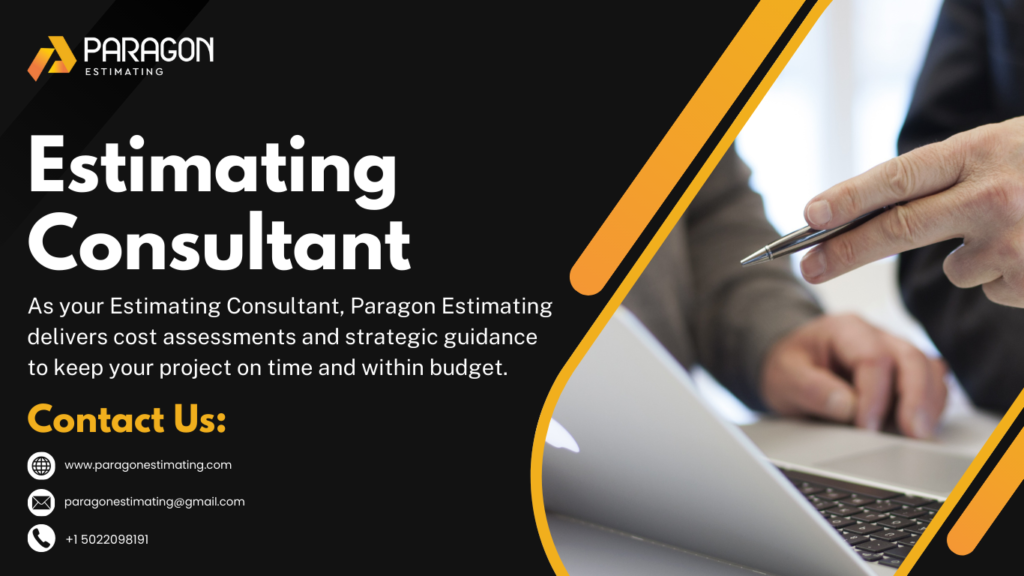Graphic depicting an estimating consultant analyzing project costs, reviewing blueprints, and providing accurate budget estimates for construction planning and financial management.