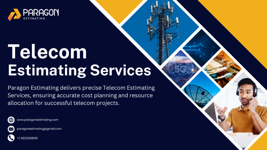 Visual representation of Telecom Estimating Services, showcasing cost estimation for network infrastructure, fiber optics, wireless towers, and telecom equipment installation, ensuring accurate budgeting and project planning.