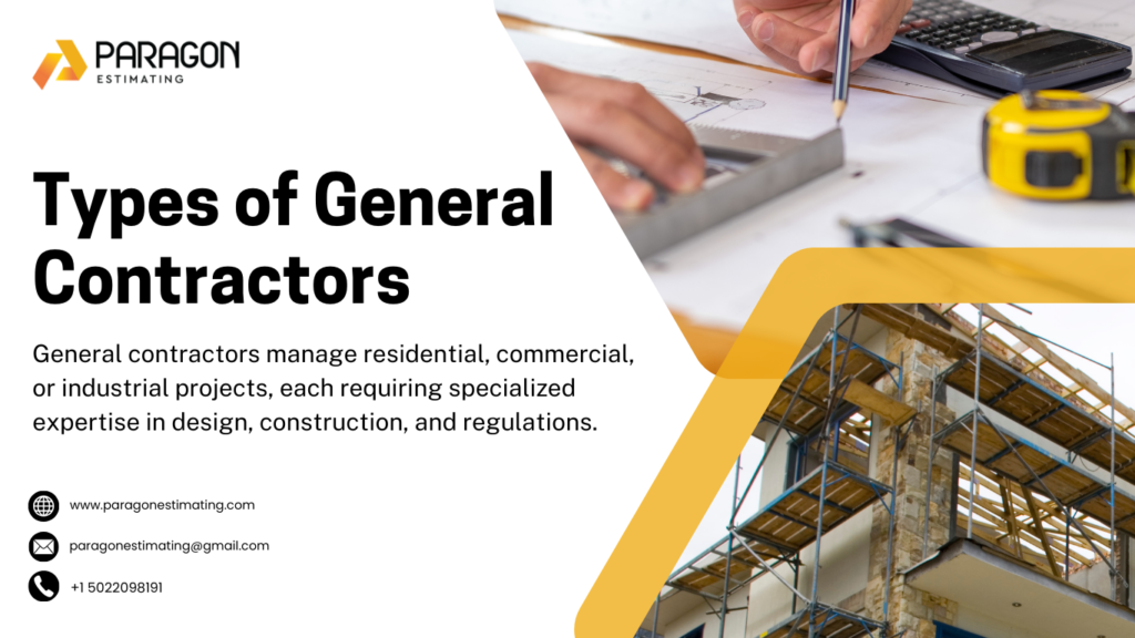 "Various types of general contractors specializing in residential, commercial, and industrial construction projects."