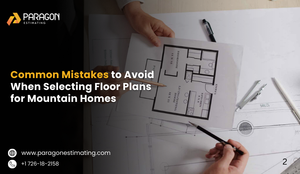 Mountain home layout diagram with spacious great room, fireplace area, and cabin-style structure