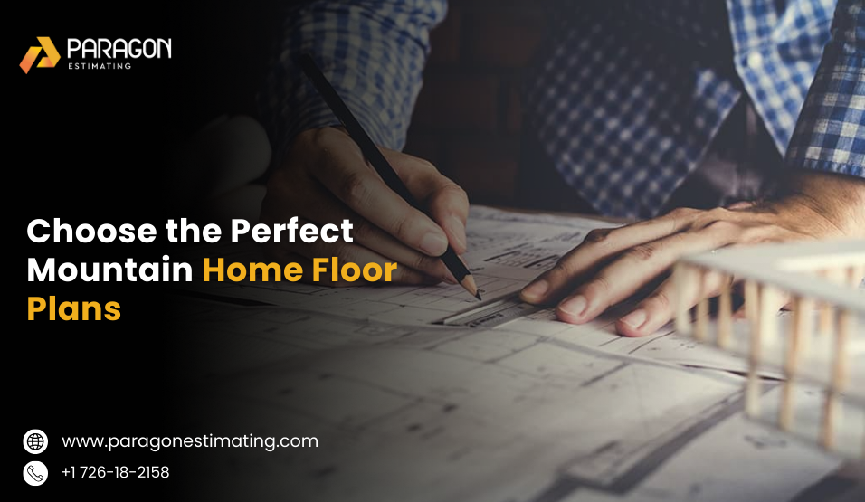 Detailed mountain home floor plan highlighting functional zones and panoramic-view spaces